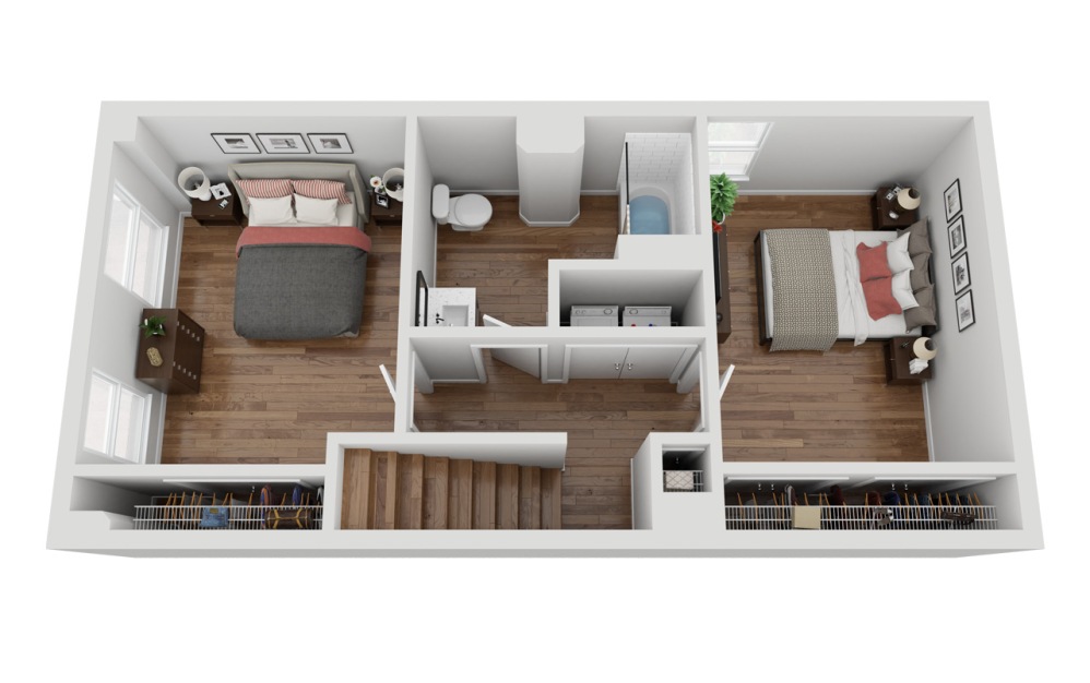 011T - 2 bedroom floorplan layout with 1 bathroom and 1061 square feet (Floor 2, 3D)