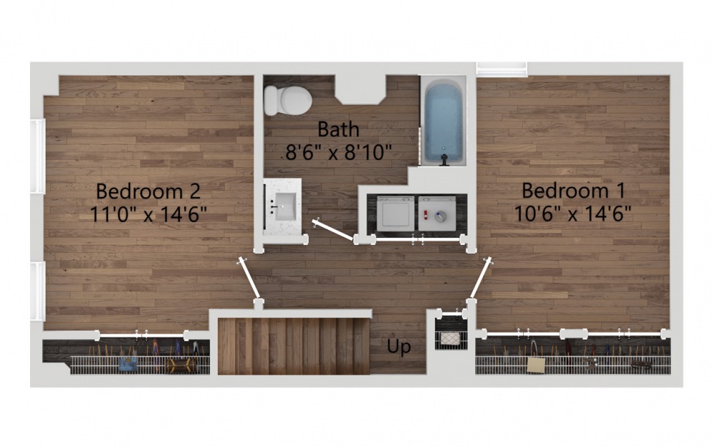 011T - 2 bedroom floorplan layout with 1 bath and 1061 square feet. (Floor 2 / 2D)