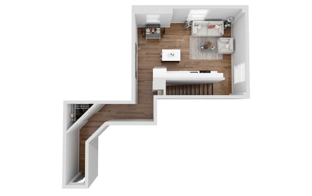 012T - 2 bedroom floorplan layout with 1 bathroom and 1068 square feet (Floor 1, 3D)