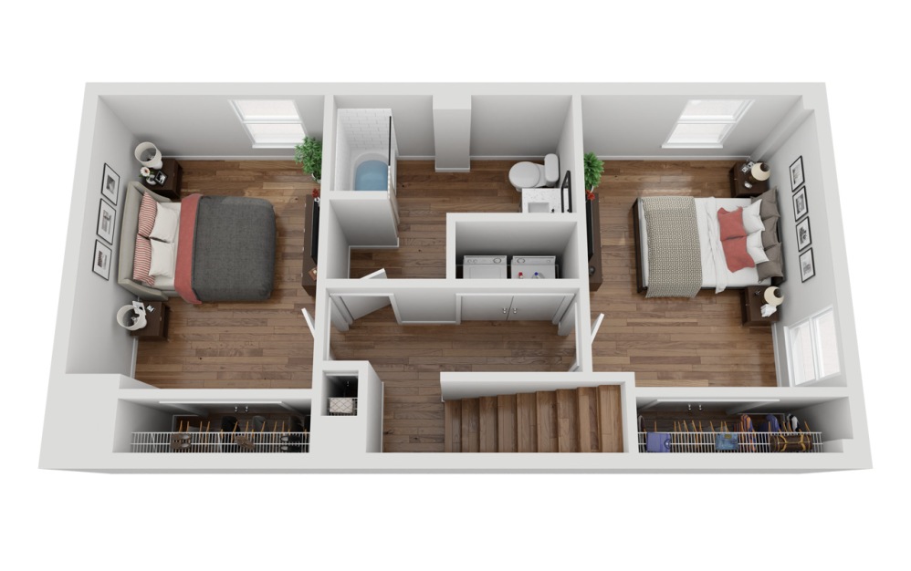 012T - 2 bedroom floorplan layout with 1 bathroom and 1068 square feet (Floor 2, 3D)