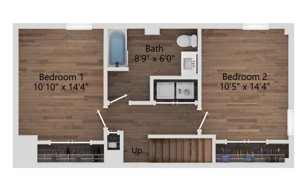 012T - 2 bedroom floorplan layout with 1 bath and 1068 square feet. (Floor 2 / 2D)
