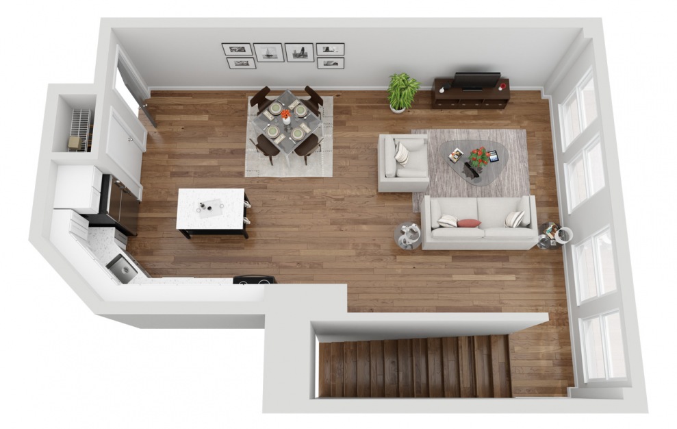 013T - 2 bedroom floorplan layout with 1 bath and 1228 square feet. (Floor 1 / 3D)