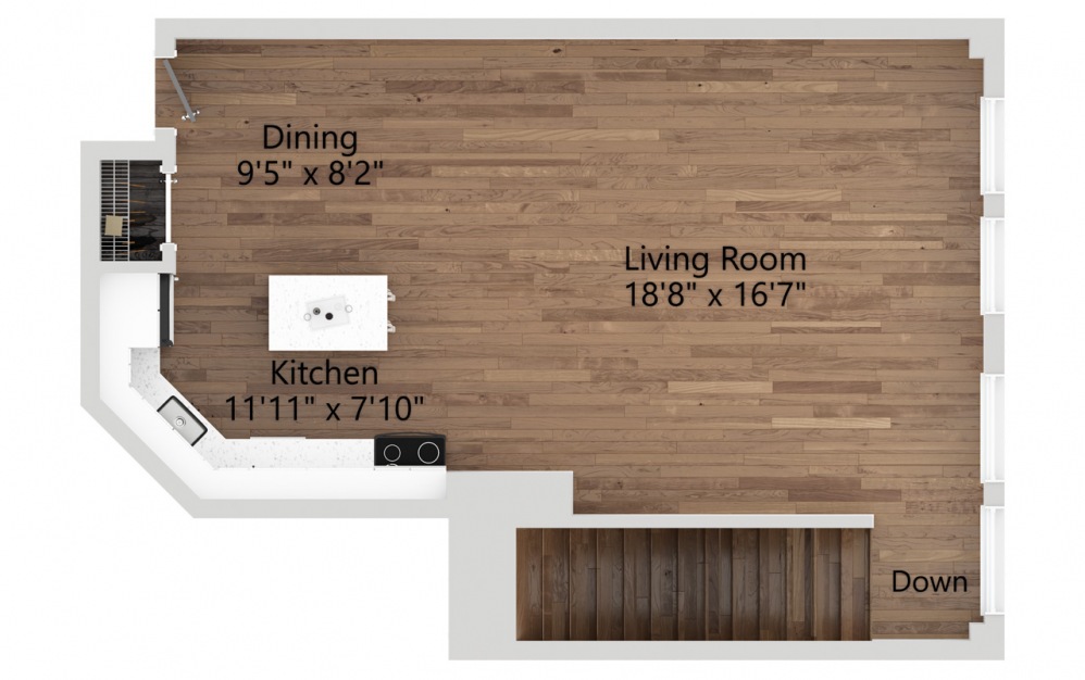 013T - 2 bedroom floorplan layout with 1 bath and 1228 square feet. (Floor 1 / 2D)