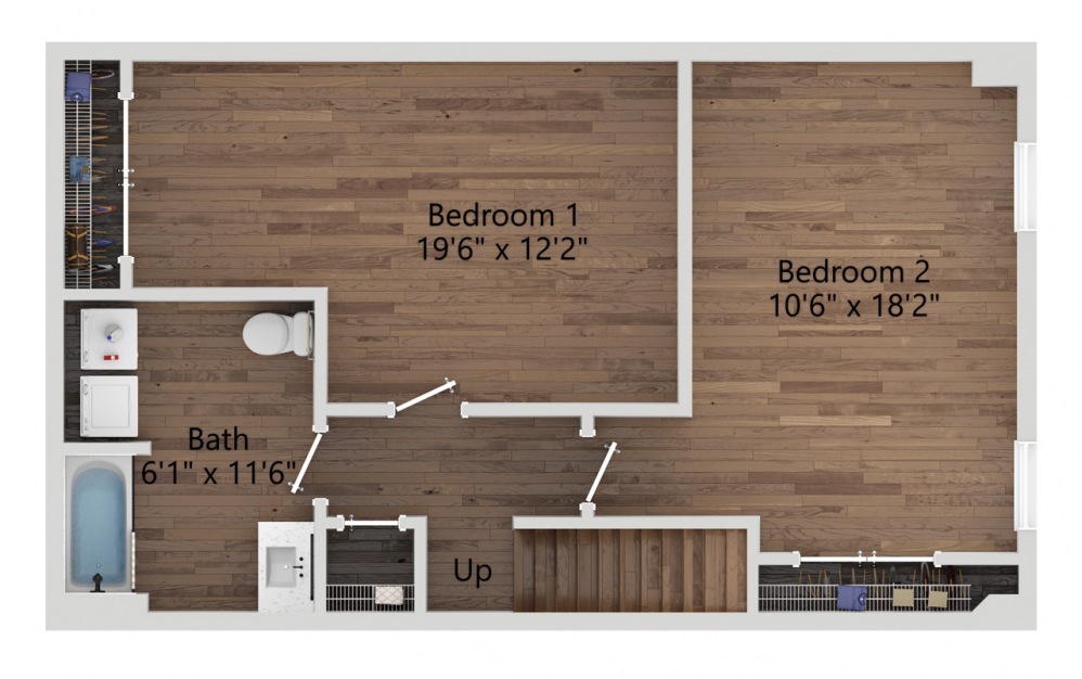 013T - 2 bedroom floorplan layout with 1 bath and 1228 square feet. (Floor 2 / 2D)