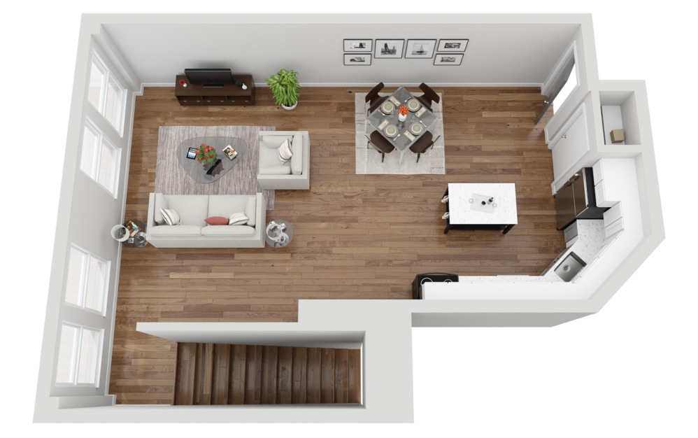 014T - 2 bedroom floorplan layout with 1 bathroom and 1223 square feet (Floor 1, 3D)