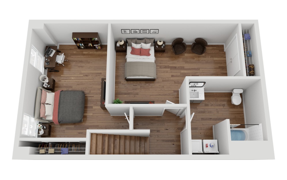 014T - 2 bedroom floorplan layout with 1 bathroom and 1223 square feet (Floor 2, 3D)