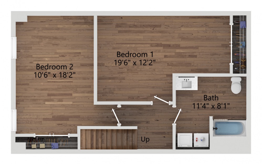 014T - 2 bedroom floorplan layout with 1 bath and 1223 square feet. (Floor 2 / 2D)
