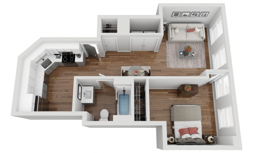 01A - 1 bedroom floorplan layout with 1 bathroom and 591 square feet