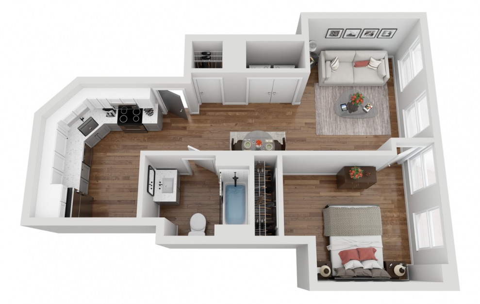 01A - 1 bedroom floorplan layout with 1 bath and 591 square feet. (3D)