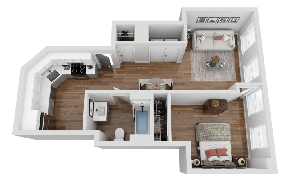 01A - 1 bedroom floorplan layout with 1 bathroom and 591 square feet (3D)