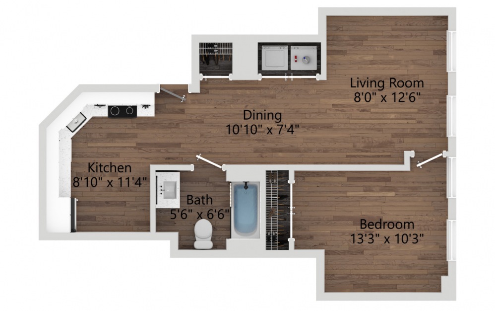 01A - 1 bedroom floorplan layout with 1 bath and 591 square feet. (2D)
