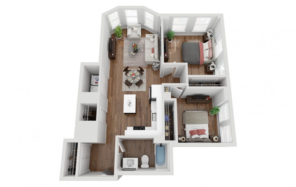02 - 2 bedroom floorplan layout with 1 bath and 834 square feet. (3D)
