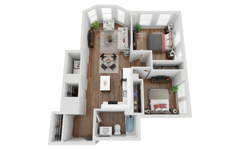 02 - 2 bedroom floorplan layout with 1 bathroom and 834 square feet (3D)