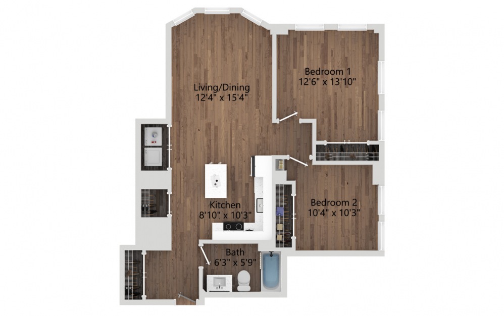 02 - 2 bedroom floorplan layout with 1 bath and 834 square feet. (2D)