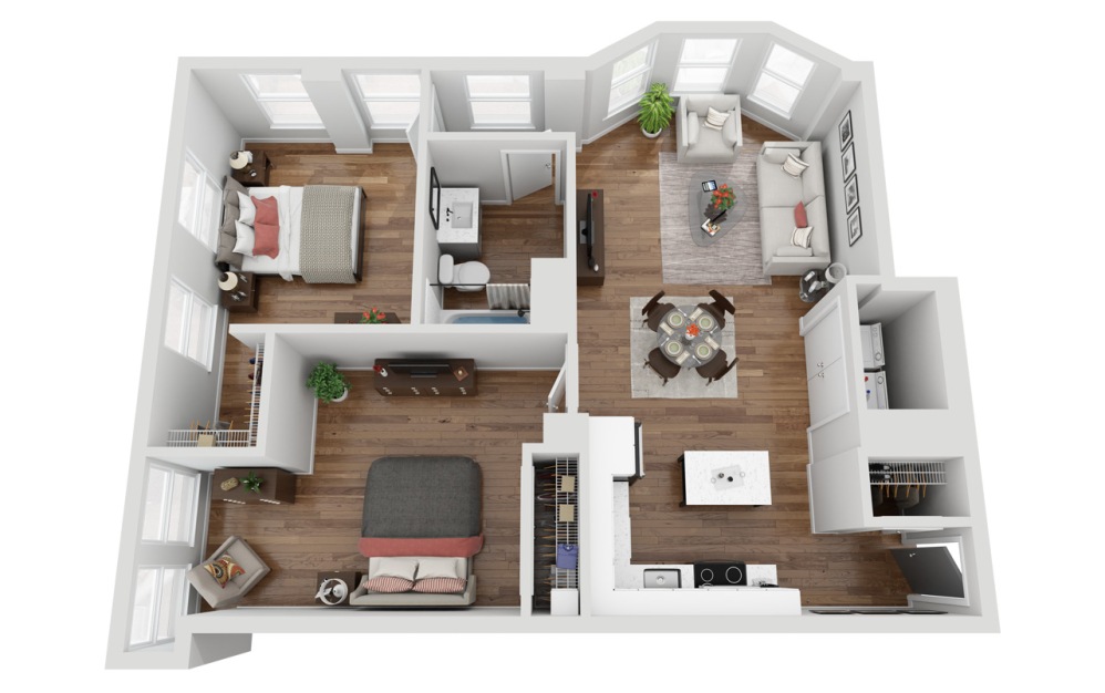 03 - 2 bedroom floorplan layout with 1 bathroom and 888 square feet (3D)