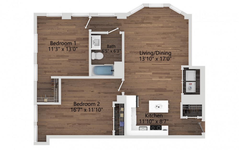 03 - 2 bedroom floorplan layout with 1 bath and 888 square feet. (2D)