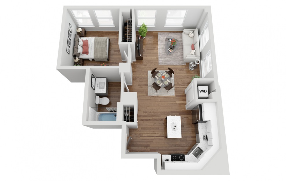 04 - 1 bedroom floorplan layout with 1 bath and 637 square feet. (3D)