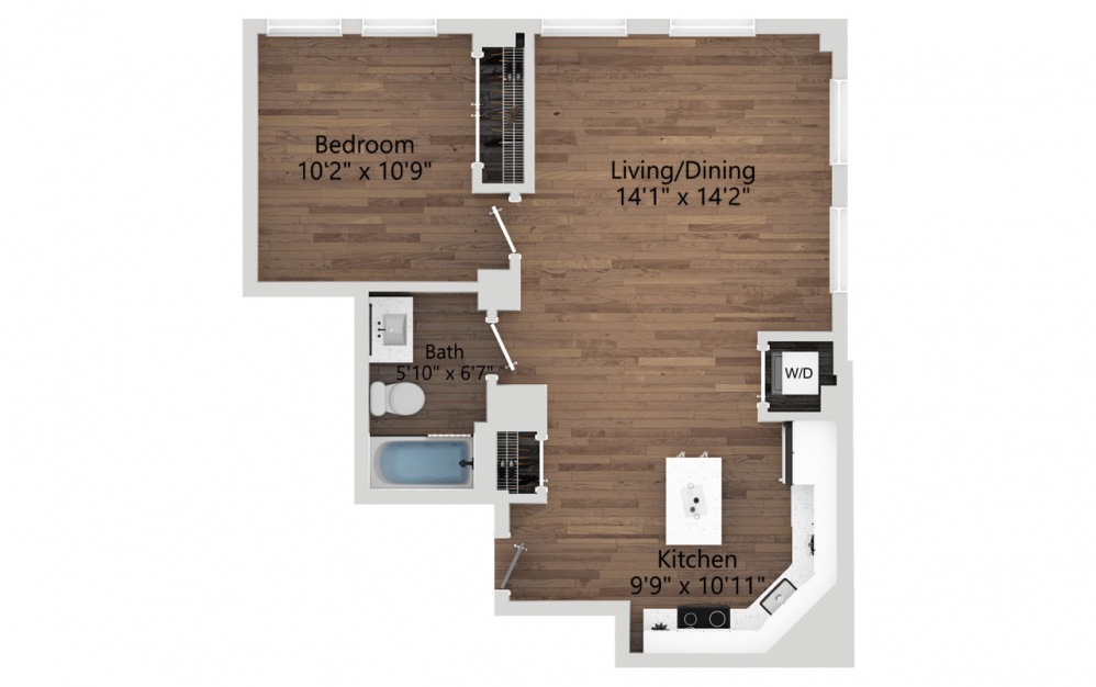 04 - 1 bedroom floorplan layout with 1 bath and 637 square feet. (2D)