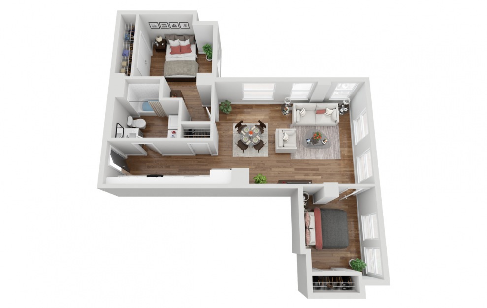 05 - 2 bedroom floorplan layout with 1 bath and 820 square feet. (3D)