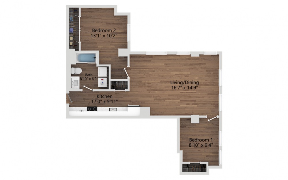 05 - 2 bedroom floorplan layout with 1 bath and 820 square feet. (2D)