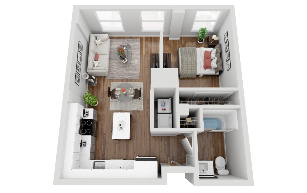 06 - Studio floorplan layout with 1 bathroom and 546 square feet (3D)