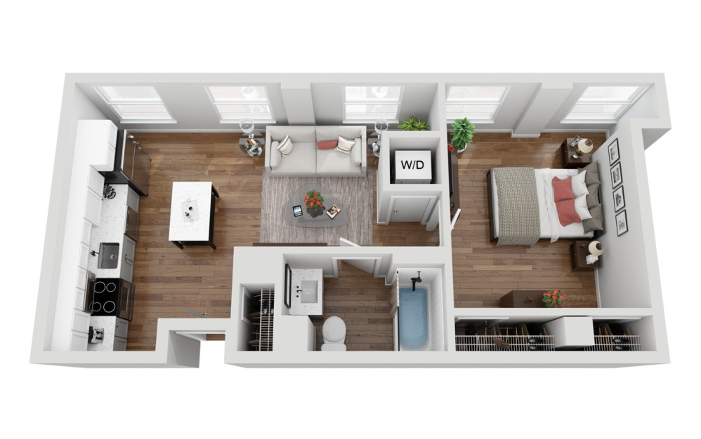 07 - 1 bedroom floorplan layout with 1 bathroom and 551 square feet (3D)