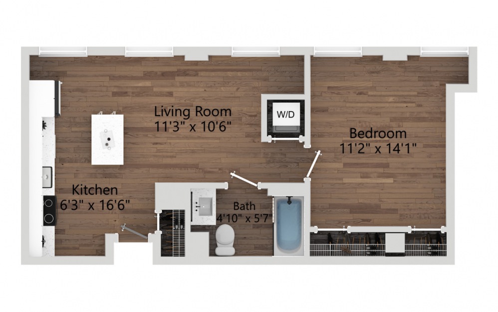 07 - 1 bedroom floorplan layout with 1 bath and 551 square feet. (2D)