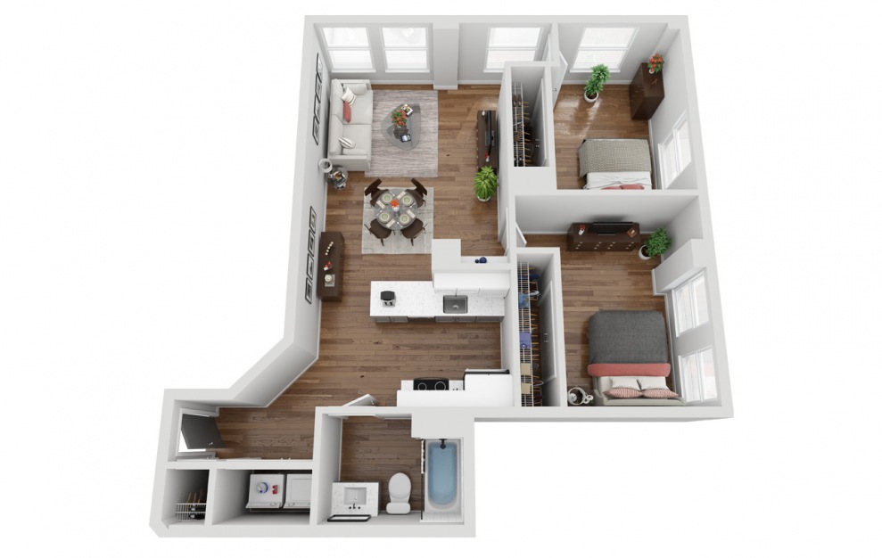 011 - 2 bedroom floorplan layout with 1 bath and 877 square feet. (3D)