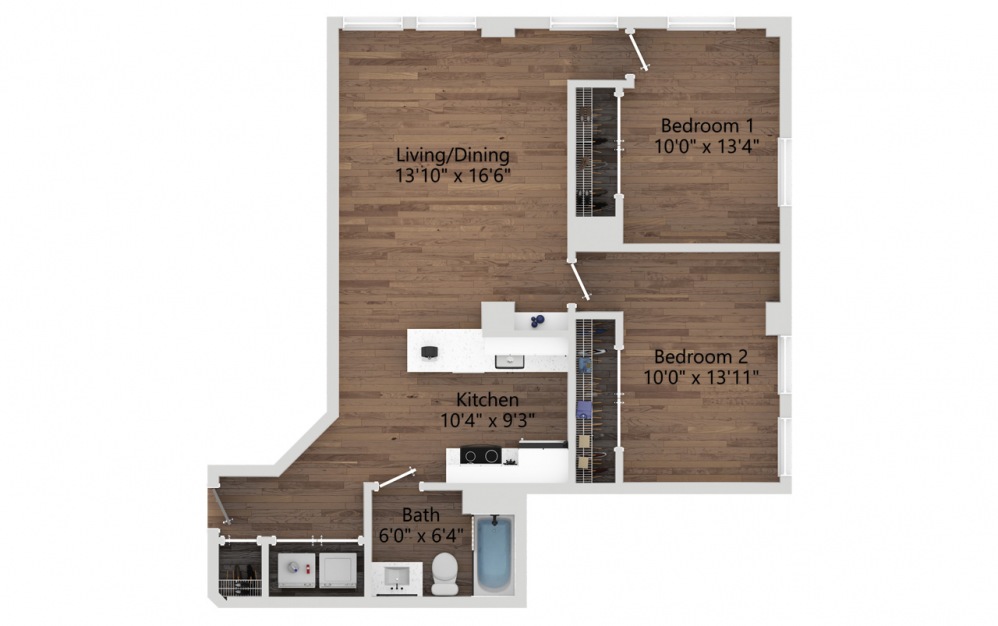 011 - 2 bedroom floorplan layout with 1 bath and 877 square feet. (2D)