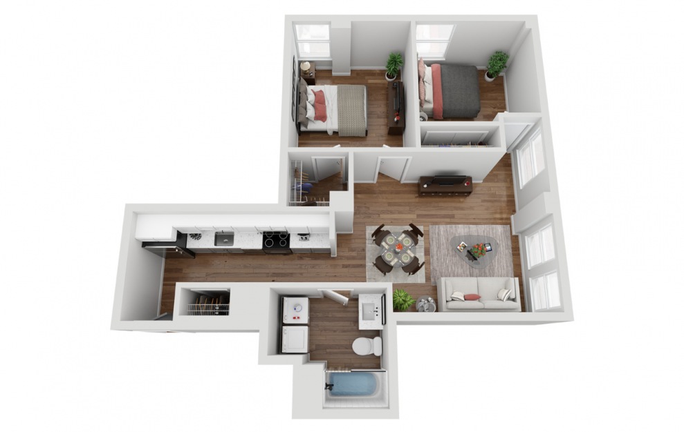 012 - 2 bedroom floorplan layout with 1 bath and 745 square feet. (3D)