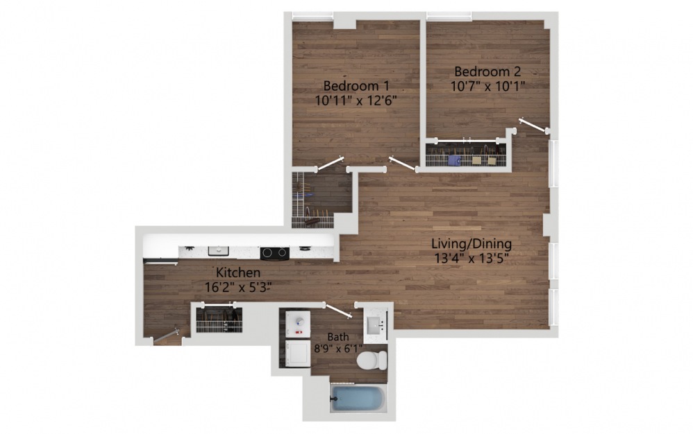 012 - 2 bedroom floorplan layout with 1 bath and 745 square feet. (2D)