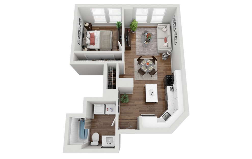 013 - 1 bedroom floorplan layout with 1 bath and 562 square feet. (3D)