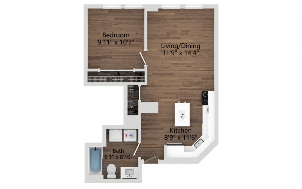 013 - 1 bedroom floorplan layout with 1 bath and 562 square feet. (2D)