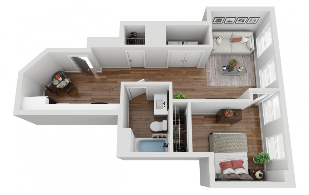 01 - 1 bedroom floorplan layout with 1 bath and 528 square feet. (3D)