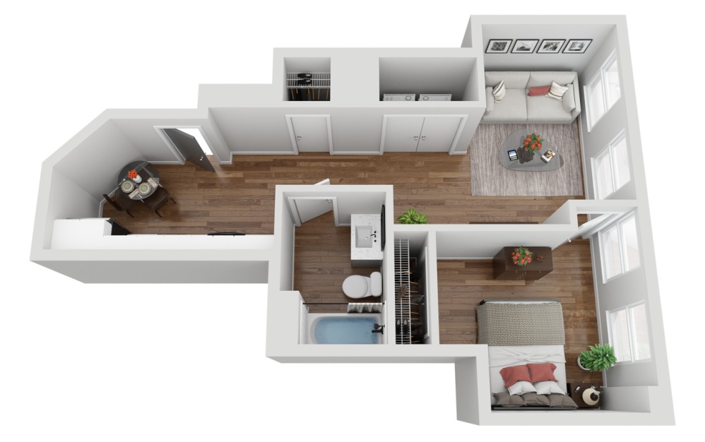 01 - 1 bedroom floorplan layout with 1 bathroom and 528 square feet (3D)