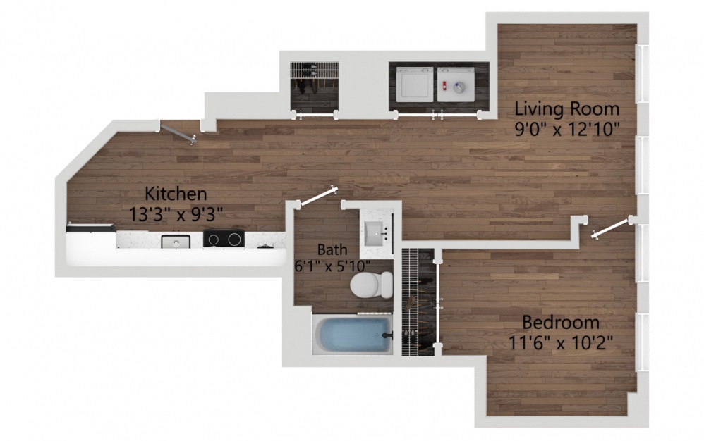 01 - 1 bedroom floorplan layout with 1 bath and 528 square feet. (2D)